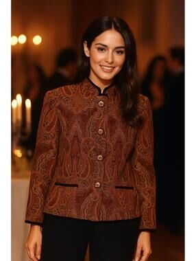 Field Manor Women's Gold Brown Rust Colored Paisley Jacket, XL